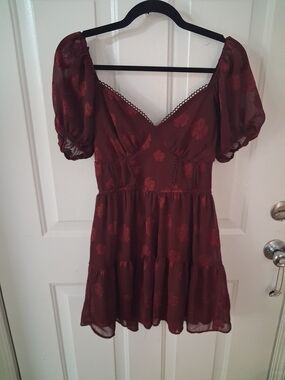 Trixxi Burgundy Floral Puff-Sleeve V-Neck Mini Dress